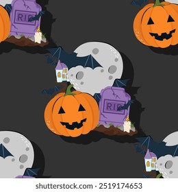 Halloween padrão sem emenda com abóbora, lua cheia, morcego e grave RIP. Fundo de vetor para design têxtil ou fundo. Conceito de feriado de Halloween