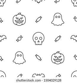 Halloween seamless pattern with pumpkin, ghost, skull, bat and candies in black line design. Tiled paper decoration in outline modern simple style. Vector illustration isolated on white background.