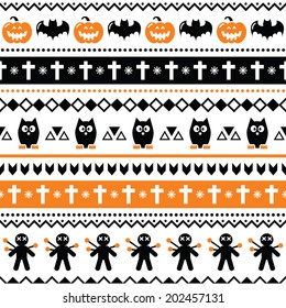 Halloween seamless pattern - pumpkin, ghost, voodoo doll 