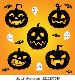 Halloween seamless pattern with pumpkin and ghost and bats.