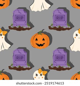 Halloween padrão sem costura com abóbora, fantasma e grave RIP. Fundo de vetor para design têxtil ou fundo. Conceito de feriado de Halloween