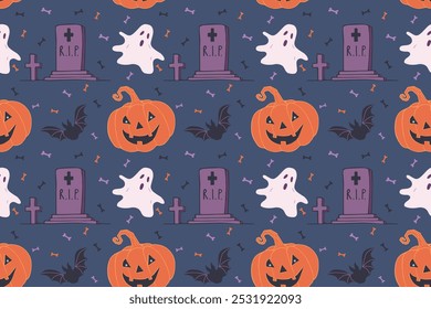 Halloween nahtloses Muster mit Kürbis, Geist, Grabstein und Fledermaus auf dunklem Hintergrund. Saisonale Vektorgrafik für Banner, Karten, Prints, Textilien.