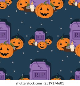 Halloween padrão sem costura com abóbora e grave RIP. Fundo de vetor para design têxtil ou fundo. Conceito de feriado de Halloween