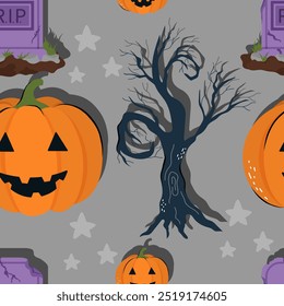 Dia das Bruxas padrão sem costura com abóbora, cova RIP e árvore assustadora. Fundo de vetor para design têxtil ou fundo. Conceito de feriado de Halloween