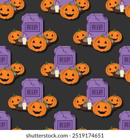 Halloween padrão sem costura com abóbora e grave RIP. Fundo de vetor para design têxtil ou fundo. Conceito de feriado de Halloween