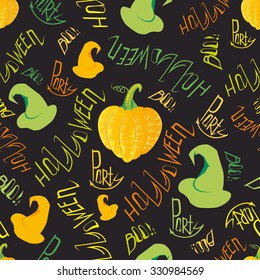 Halloween. Seamless pattern with pumpkin, hat and inscriptions Halloween, party, boo for your artworks. 