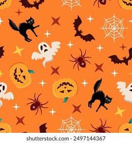 Halloween seamless pattern with pumpkin head, cat, bat and spider web on orange background. For fabric design, wallpaper, backgrounds, prints, posters, scrapbooking etc.Vector