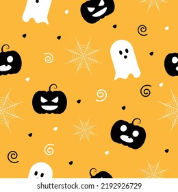 Halloween seamless pattern with pumpkin jack o lantern, ghost, spider web in Orange background. Halloween greeting cards. holiday season wallpaper, gift paper, pattern fills, web page background.