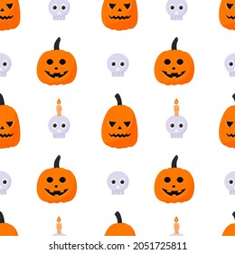 Halloween seamless pattern with pumpkin lanterns with carved faces and a skull with a candle. A backdrop for Halloween cards. Color vector illustration in a flat style. Elements are isolated on white