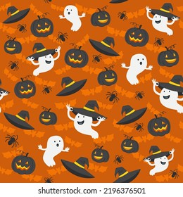 Halloween seamless pattern of pumpkin lanterns and ghosts