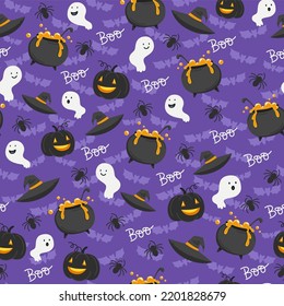 Halloween seamless pattern of pumpkin lanterns and ghosts, witch hat