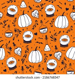 Halloween seamless pattern with pumpkin and magic items. Witchcraft and Magic Illustrations. Wizardry. Perfect for textile, wallpaper, and print.