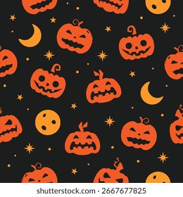 Patrón sin fisuras de Halloween con calabaza, luna, estrella. fondo oscuro