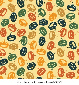 Halloween seamless pattern with pumpkin on light background. Vector illustration in retro color style