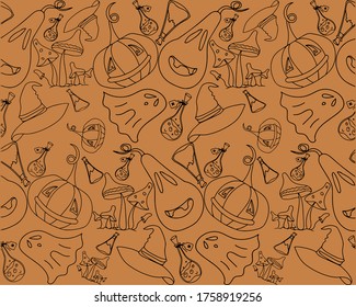 Halloween seamless pattern. Pumpkin, potion, witch hat, ghost, mushrooms