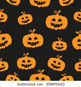 Patrón de Halloween sin fisuras con calabaza. Halloween calabaza el concepto de bufanda fantasma. Textura de ilustración de vacaciones vectoriales en fondo negro