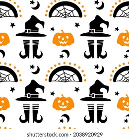 Halloween seamless pattern with pumpkin, rainbow, hat, legs, moon, star isolated on white background. Vector flat illustration. Design for Halloween backdrop, textile, wrapping, wallpaper