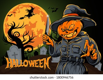 Halloween seamless pattern pumpkin scarecrow holding a knife with big moon. Jack-o'-lantern. the witch silhouette riding a broomstick, dead tree and bat. crosses in the graves. vector illustration