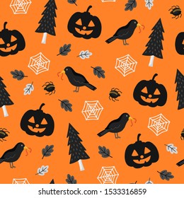 Halloween seamless pattern with pumpkin silhouettes, ravens, trees and spiders web. Vector illustration. Hand drawn holiday backdrop on orange background. Endless texture for fabric, wrapping paper.