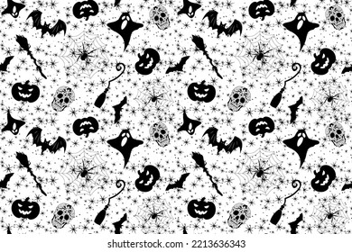 Halloween seamless pattern with pumpkin, skull, ghost, bat and spider. Seamless background for halloween. Vector illustration of Halloween party. Monochrome halloween pattern print and notebooks