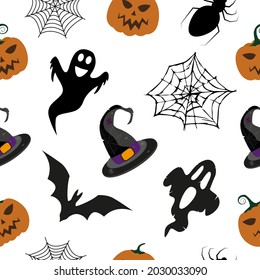 Halloween seamless pattern: pumpkin, spider web, witch hat, spider, ghost. 