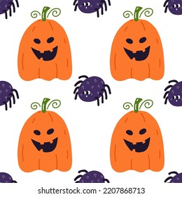 Halloween seamless pattern with pumpkin and spider. Cute repeating background for Helloween decoration. Vector modern illustration