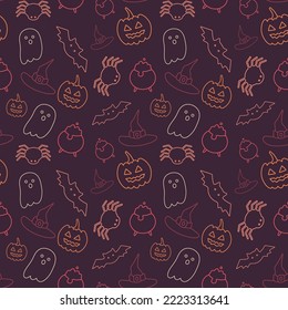 Halloween nahtloses Muster mit Kürbis, Spinne, Geist, Fledermaus, Hexenhut.