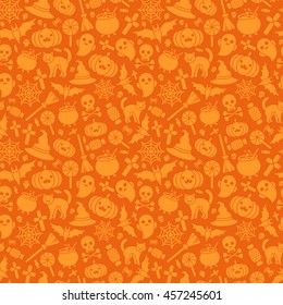 Halloween Seamless Pattern with Pumpkin, Spider Web, Candy, Witch Hat, Broom and Cauldron, Skull and Crossbones. Vector Illustration. Flat Monochrome Icons on Orange Background