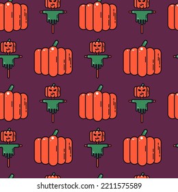 Halloween seamless pattern with pumpkin and spooky scarecrow. Line art isolated vector. Fun cartoon illustration for autumn background, wrapping paper, fabric print. Cute festive cartoon doodle