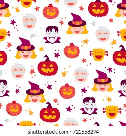 Halloween seamless pattern with pumpkin, star, witch, mummy, vampire on white background. Perfect for wallpaper and greeting cards
