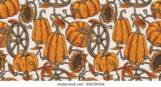 Halloween es un modelo sin fisuras con calabaza, girasol, rueda y follaje naranja para una fiesta feliz de halloween o octubre