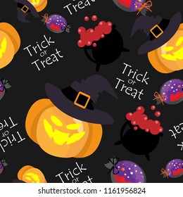Halloween seamless pattern with pumpkin with witches hat, candy , witch's cauldron and Trick or Treat text.