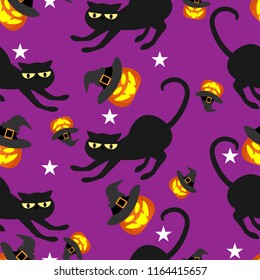 Halloween seamless pattern with Halloween pumpkin withwitches hat, star and black cat.