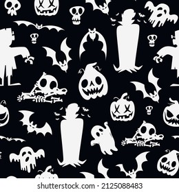 Halloween seamless pattern with pumpkin,bat,ghost,monster and skull.Vector black and white pattern.Monochrome scary halloween background.