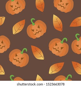 Halloween seamless pattern of pumpkins and autumn leaves. Vector illustration.
