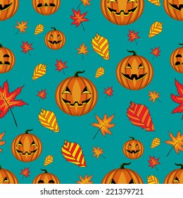 Halloween seamless pattern with pumpkins and autumn leaves