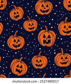 Halloween seamless pattern with pumpkins. Autumn halloween background, vector seamless pattern. Holiday spooky design. Vector illustration. Scary ghostly  pumpkins for wallpaper,textile, wrapping.