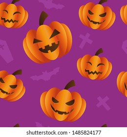 Halloween seamless pattern with pumpkins, bat and crosses. Pumpkin with faces on an orange background.