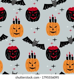 Halloween seamless pattern with pumpkins and bats. Vector holiday illustration for Day of the dead or Halloween.