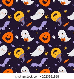 Halloween seamless pattern with pumpkins and bats and Halloween ghosts.