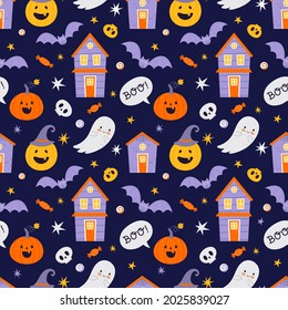 Halloween seamless pattern with pumpkins and bats and other Halloween symbols.