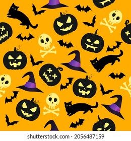 Halloween seamless pattern with pumpkins, bats, black cats and skulls on yellow background. Vector illustration fits for the wrapping paper, textile, web-background and greeting cards.