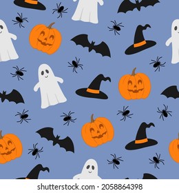 Halloween seamless pattern.  Pumpkins, bats, spiders ghost and witch hat on blue background. Halloween background for autumn decorative design. Vector illustration 