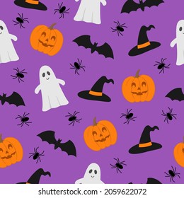 Halloween seamless pattern. Pumpkins, bats, spiders ghost and witch hat on violet background. Halloween background for autumn decorative design