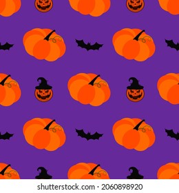 Halloween seamless pattern with pumpkins and bats on purple background, vector illustration.