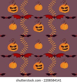Halloween seamless pattern with pumpkins and bats