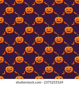 Halloween seamless pattern of pumpkins and bats on a purple background