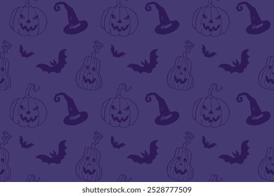 Halloween nahtloses Muster mit Kürbissen, Fledermäusen und Hexenhut, dunkle monochrome Elemente auf violettem Hintergrund. Gespenstisches saisonales Vektorgrafik-Design für Prints, Textilien, Banner, Karten