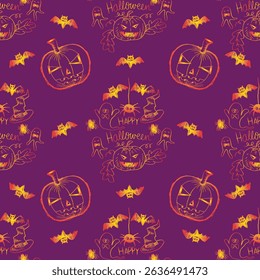 Halloween seamless pattern with pumpkins and bats. Vector illustration.