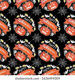 Halloween seamless pattern with pumpkins, bats and spiderson black background